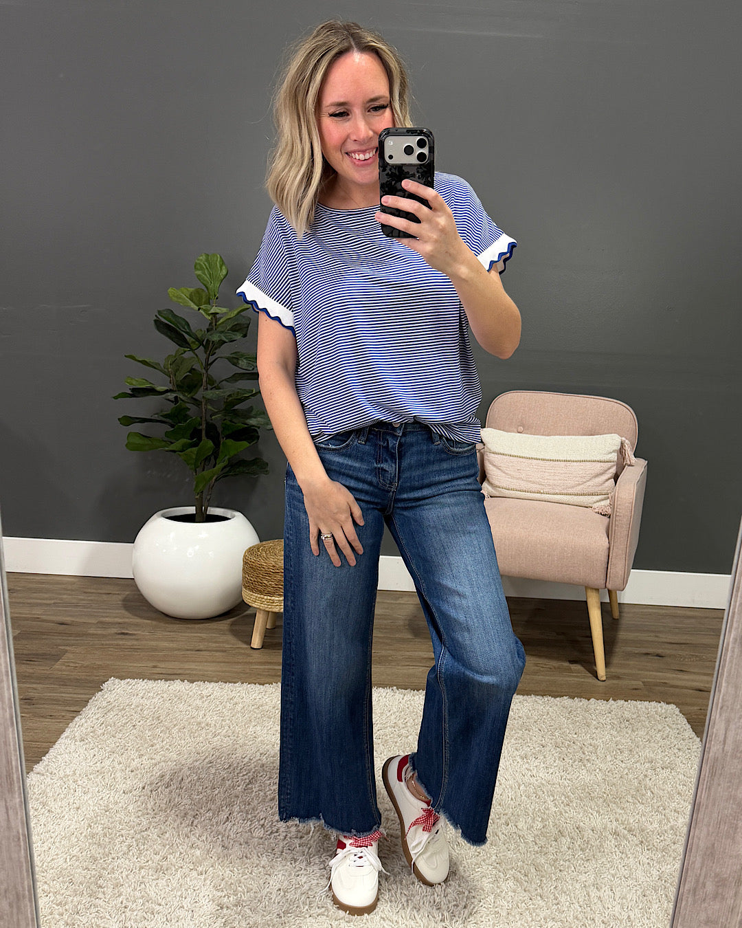 NEW! Claire Pin Striped Top - Ivory & Royal Blue Staccato