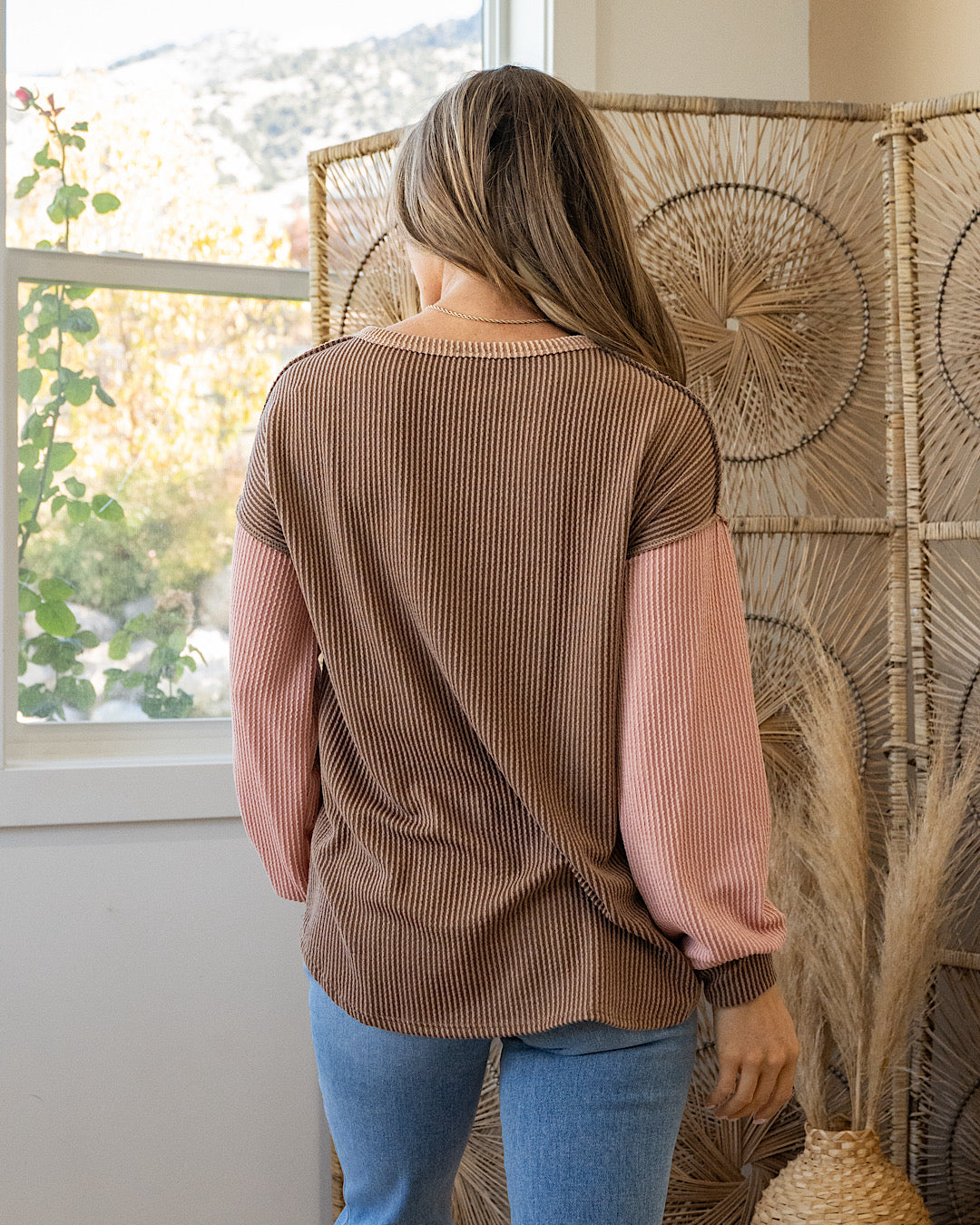 Andrea Corded Color Block Henley Top - Chestnut 7th Ray