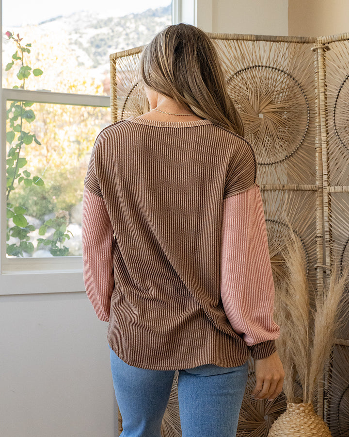 Andrea Corded Color Block Henley Top - Chestnut 7th Ray