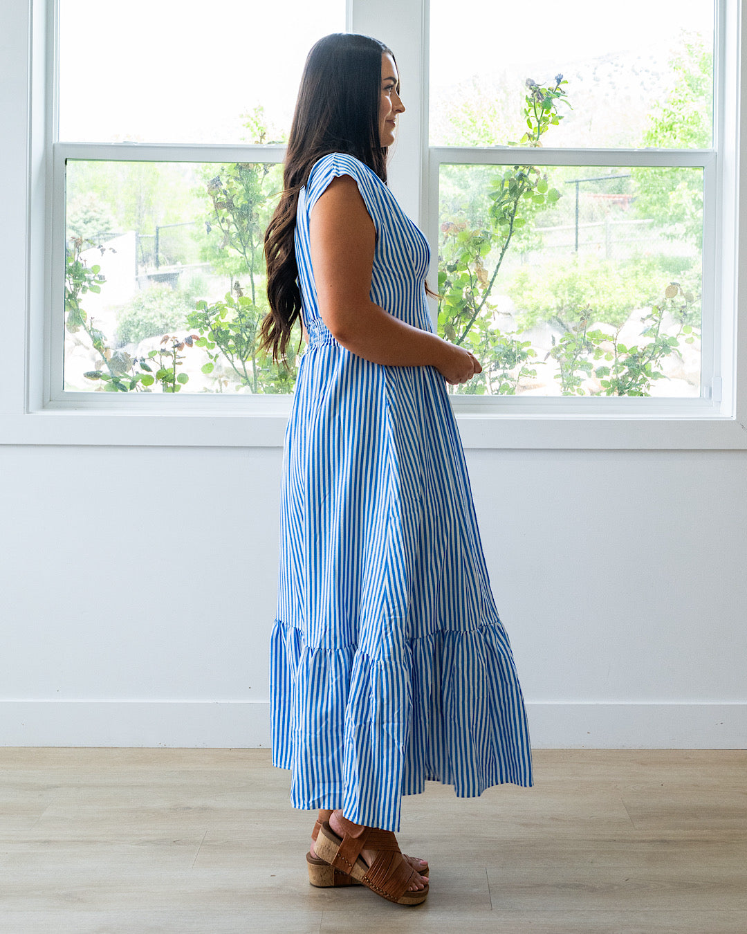 NEW! Trista Striped V Neck Maxi Dress - Blue Haptics