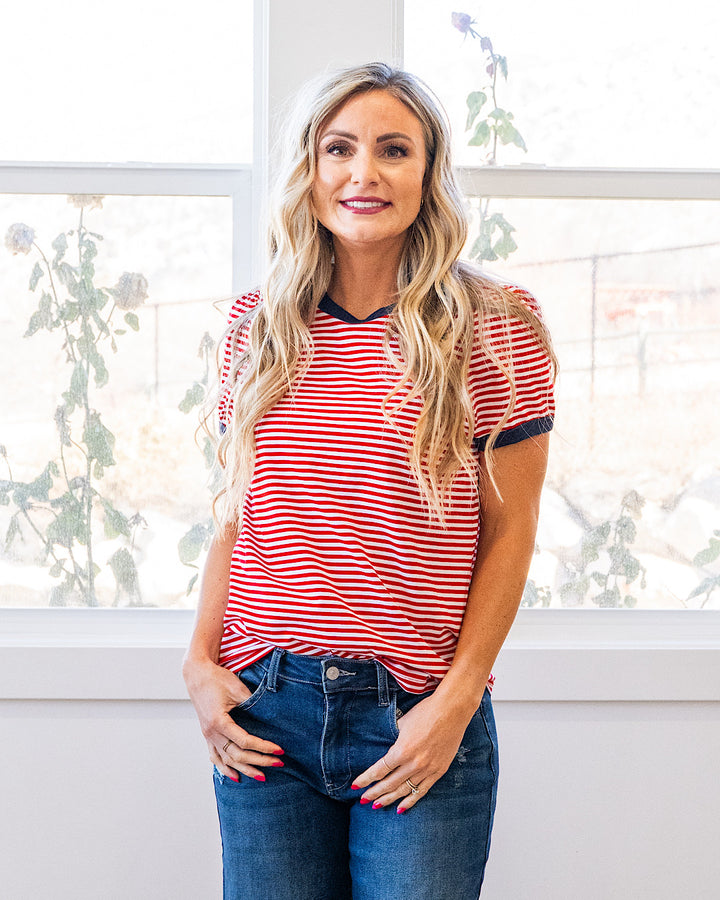 Mandy Puff Sleeve Striped Top - Color Options Available! Staccato Red