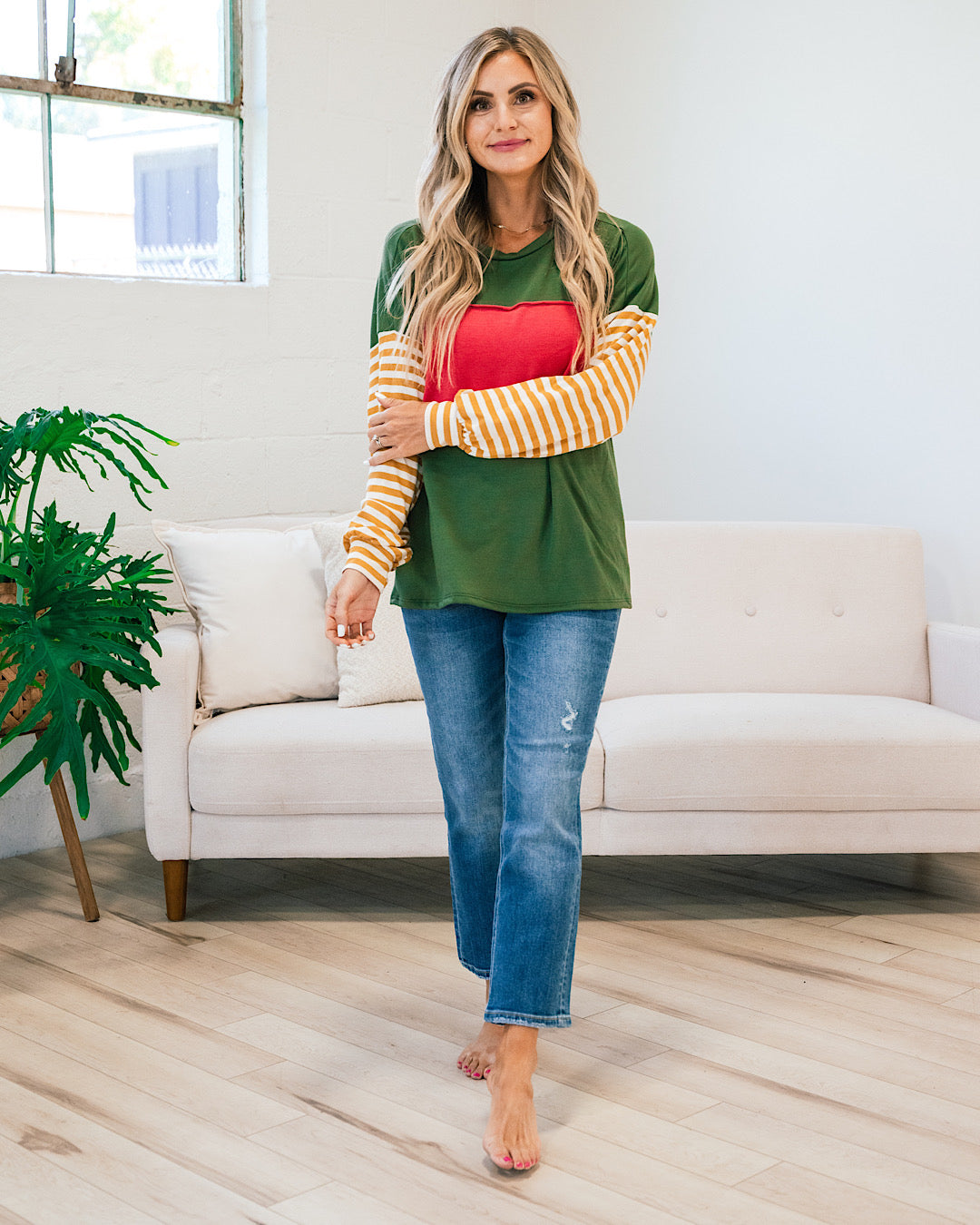 Blakely Color Block Top - Olive, Mustard and Red  Lovely Melody   