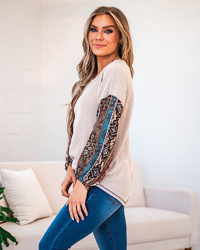 NEW! Tasha Taupe Corded Top with Contrasting Sleeves  Lovely Melody   