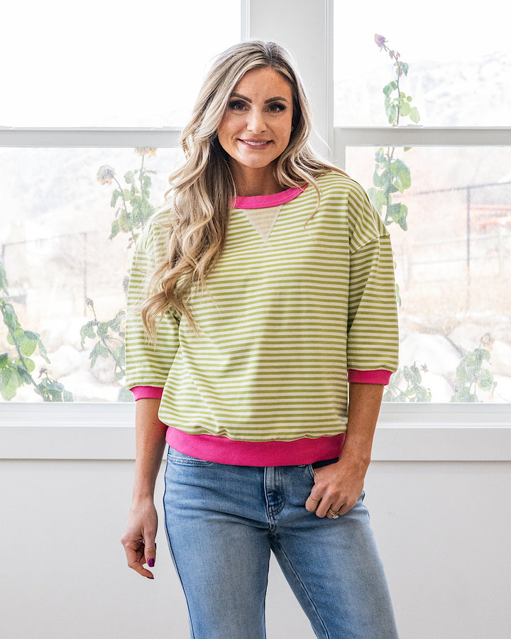 Jillian Striped Half Sleeve Top - Green & Pink Staccato