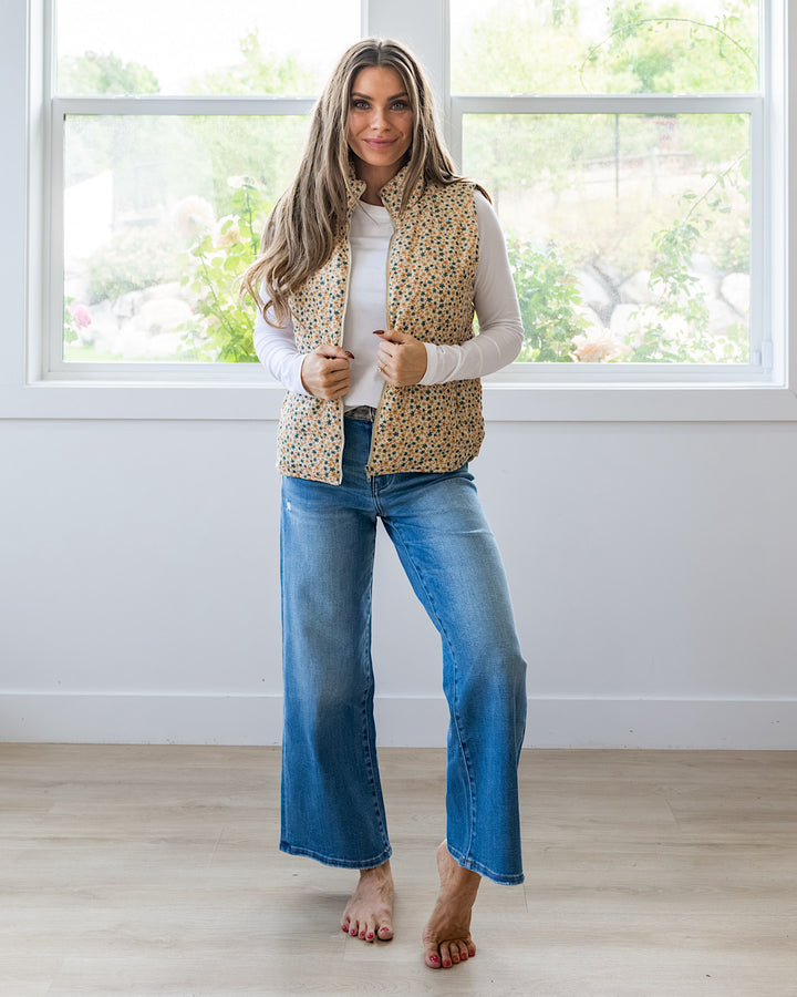 NEW! Juliana Floral Print Corduroy Vest - Cream & Gold