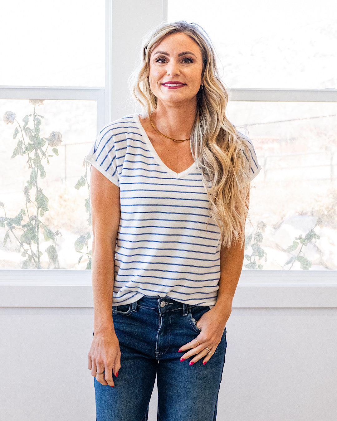 Candice Striped V Neck Sweater Top - Color Options Available! Staccato Navy