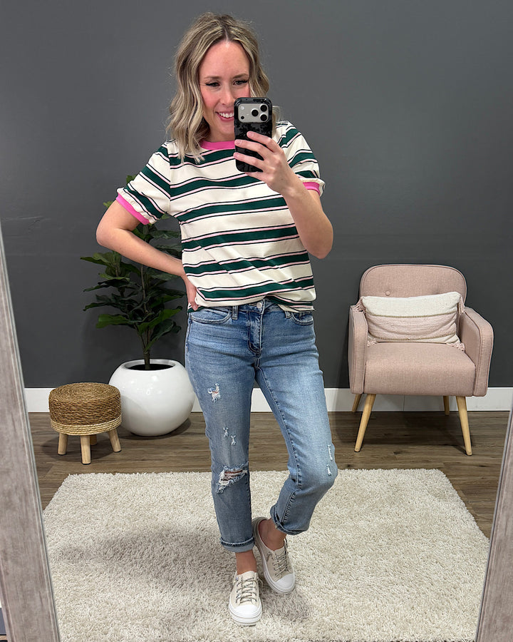 Shauna Contrast Striped Top - Green & Pink Staccato