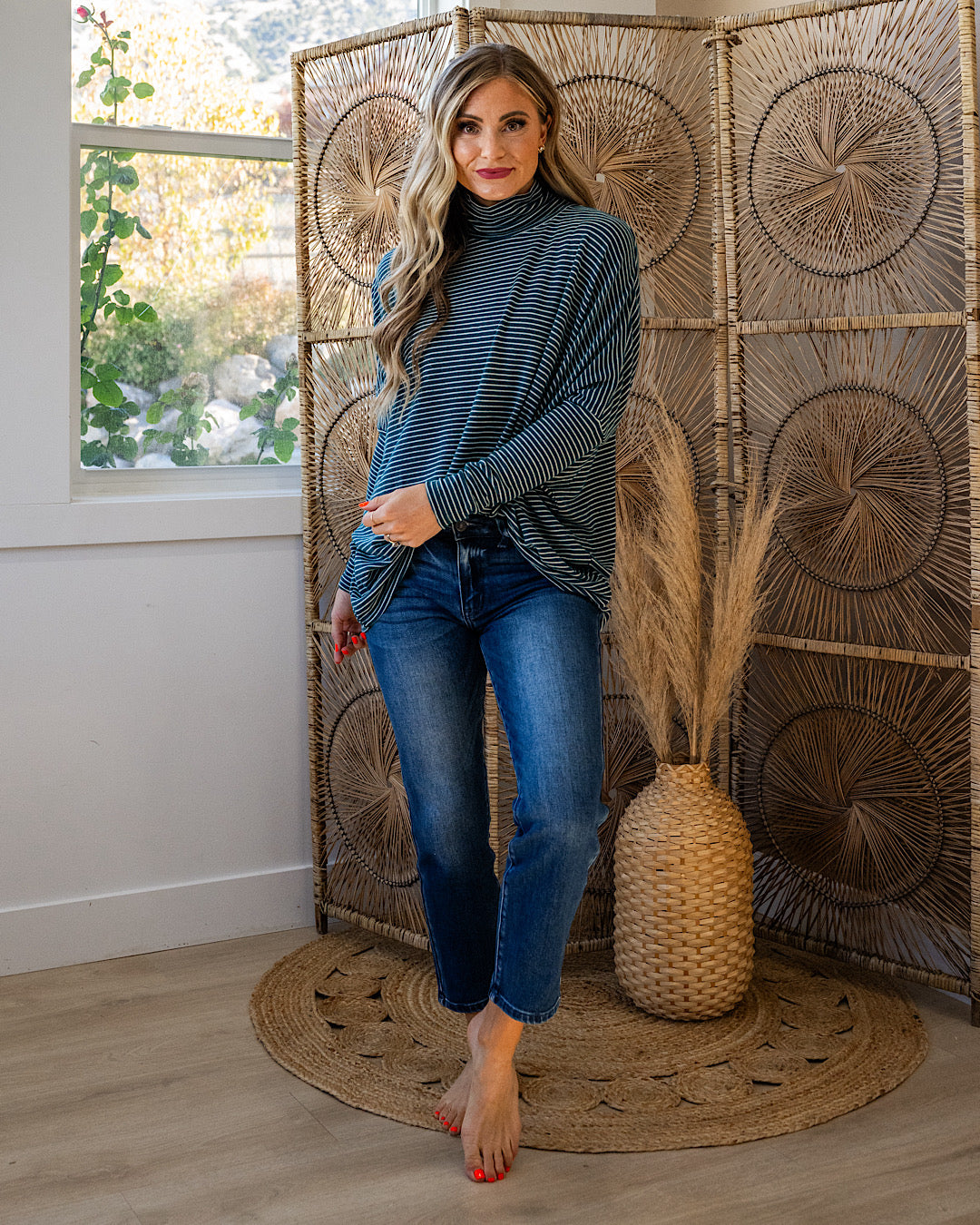 NEW! Here I Am Striped Dolman Sleeve Turtle Neck - Deep Green & Cream Double Zero