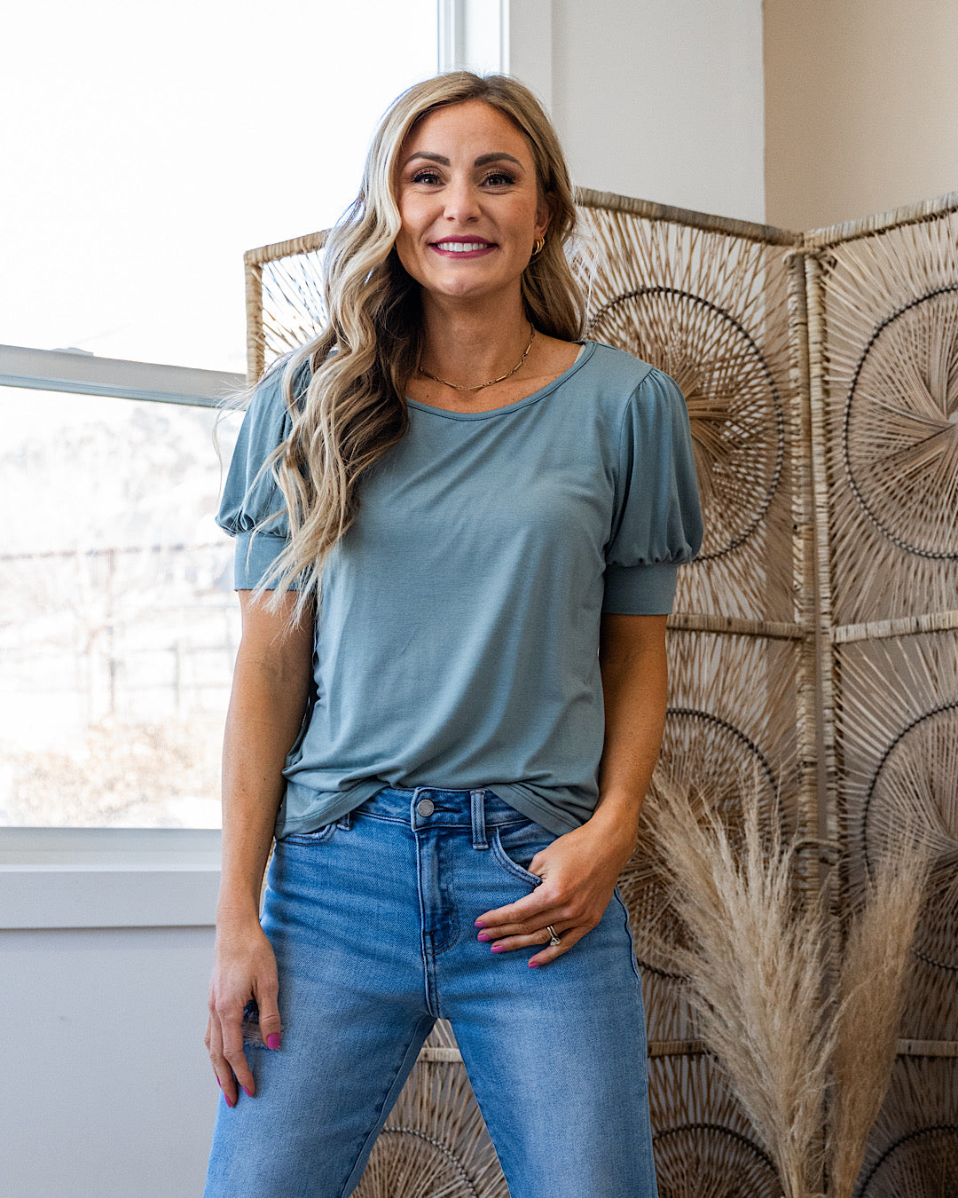 NEW! Cassie Puff Sleeve Top - Dusty Teal Staccato