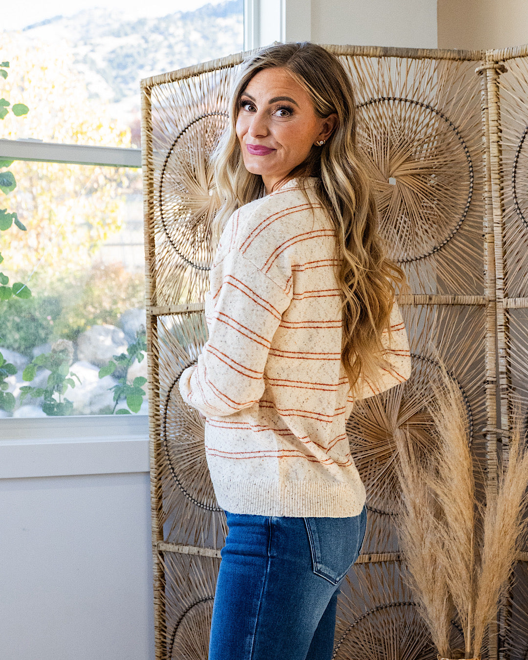 Paisley Rust Striped Pocket Sweater - Oatmeal Staccato