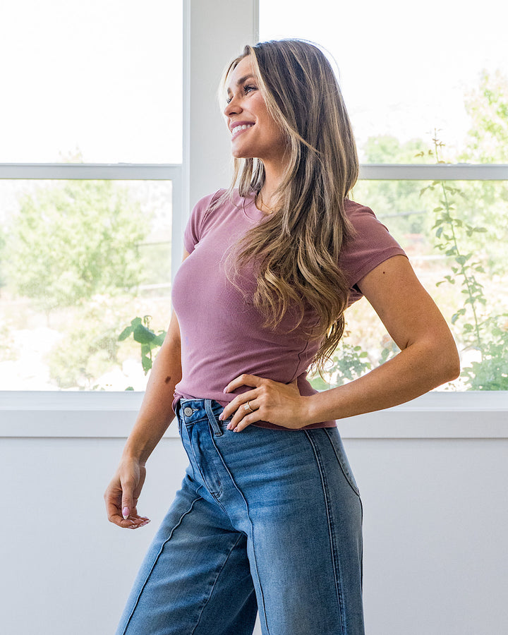 NEW! Cassidy Short Sleeve Ribbed Top - Foxglove Be Cool