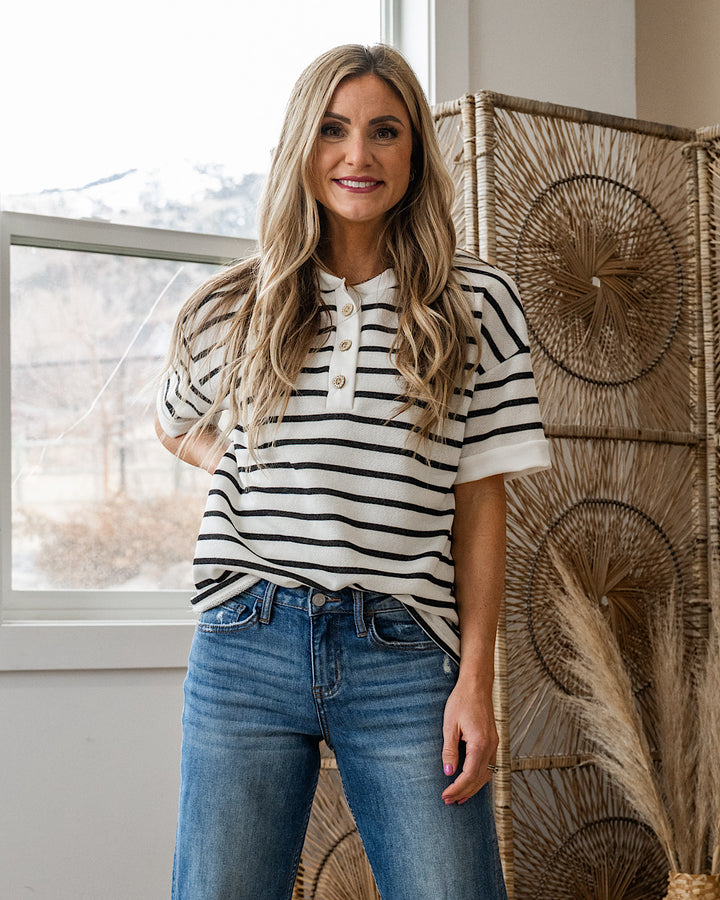 NEW! Find Yourself Striped Henley Top - Ivory & Black Lovely Melody