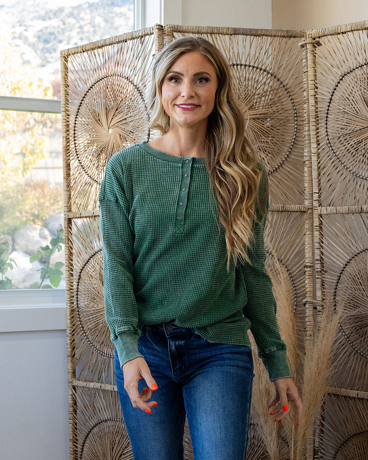 DOORBUSTER! Mineral Wash Waffle Knit Henley Top - Dark Green