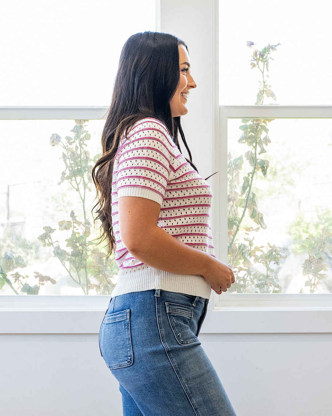 NEW! Kaitlyn Open Knit Striped Sweater Top - Magenta Staccato