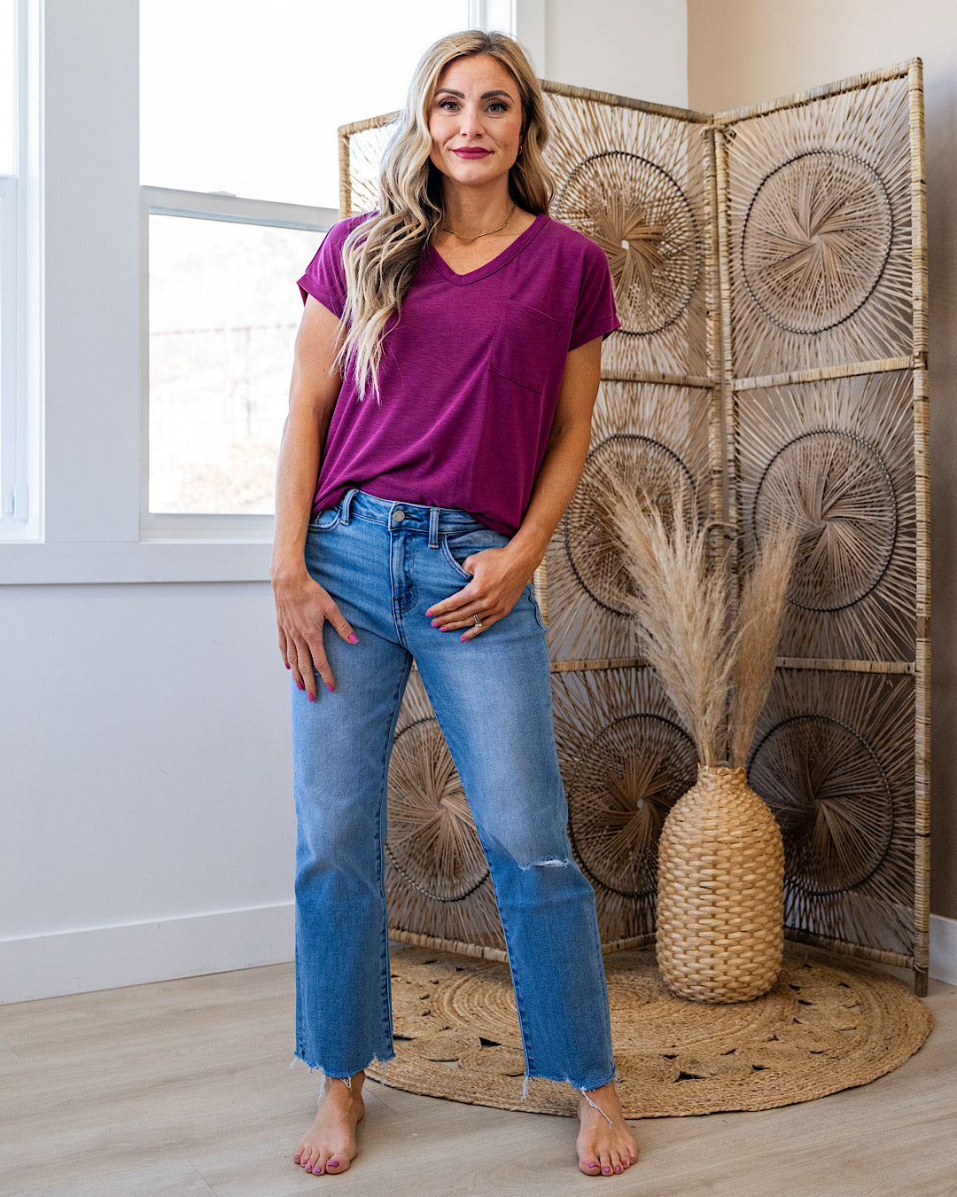 NEW! The Effortless V Neck Pocket Top - Magenta Staccato