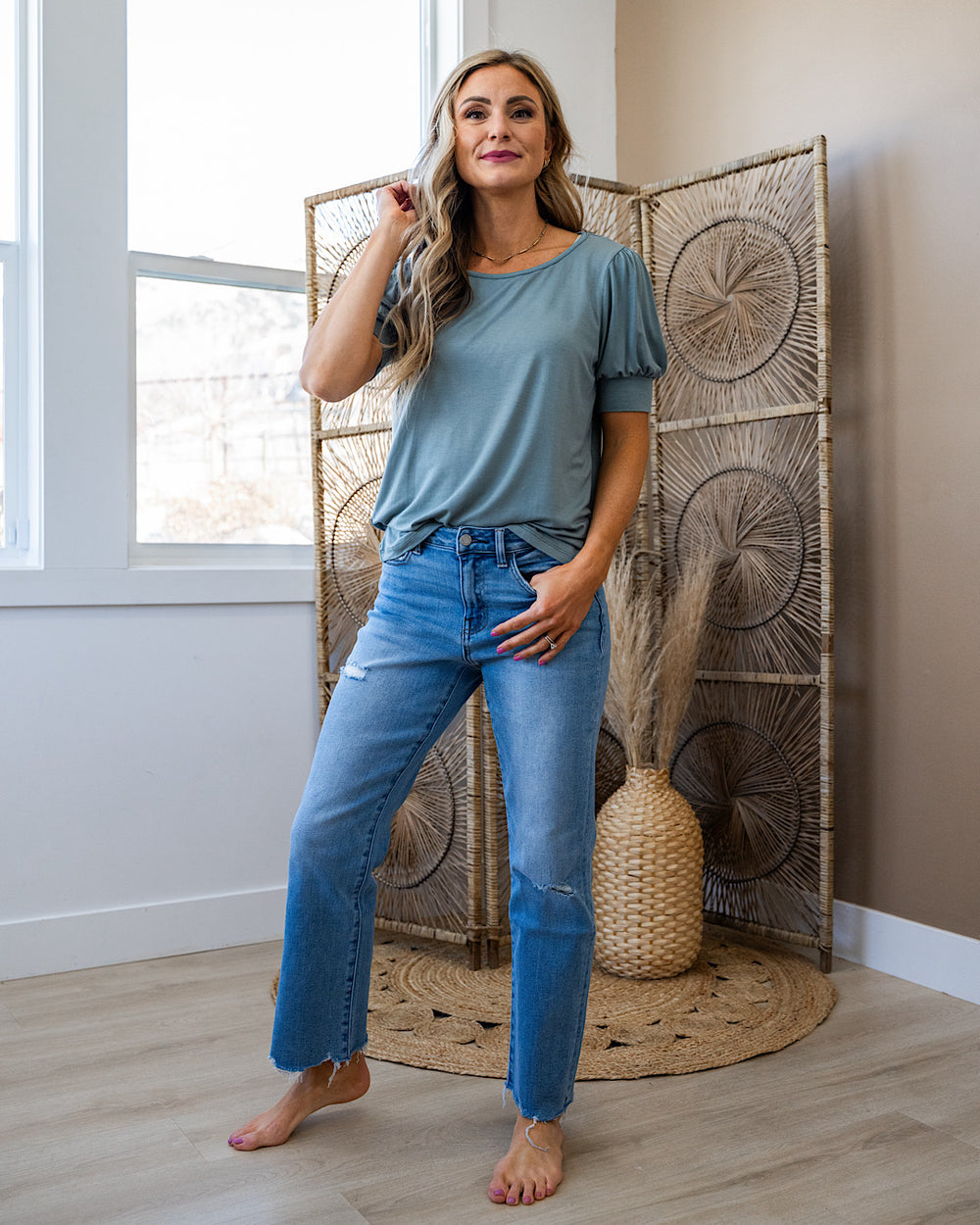 NEW! Cassie Puff Sleeve Top - Dusty Teal Staccato