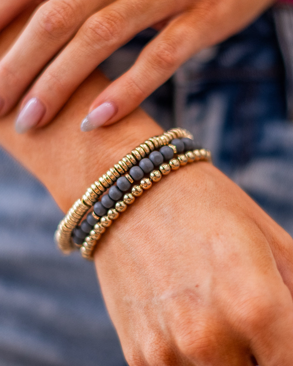 NEW! Wooden Dark Gray and Metallic Gold Bracelet Set Trendy Wholesale