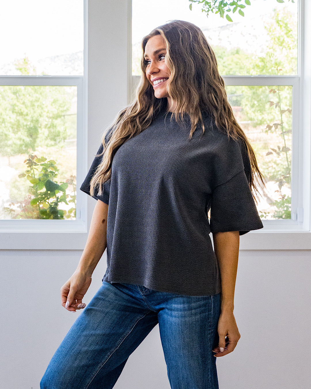 NEW! Paisley Corded Short Sleeve Top - Charcoal