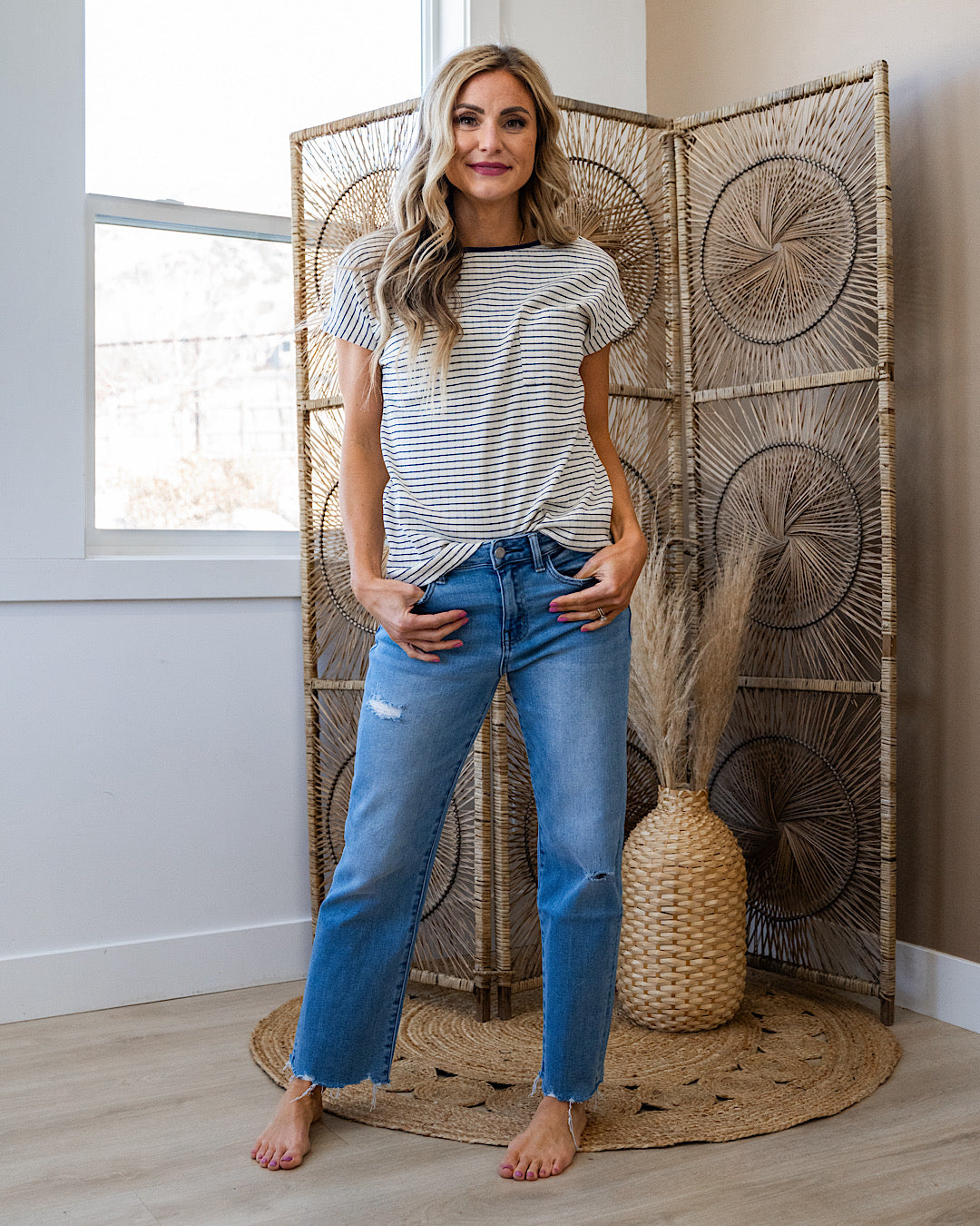 Kinley Pointelle Striped Pocket Top - Navy Staccato