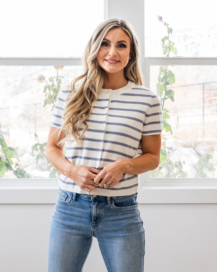 Courtney Striped Short Sleeve Cardigan - Denim Blue Be Cool