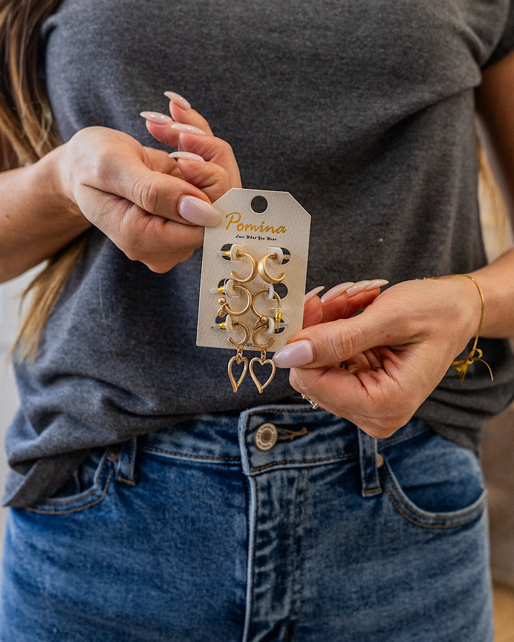 NEW! Gold Polished Metal Heart Drop Hoop Earring Set FINAL SALE Trendy Wholesale