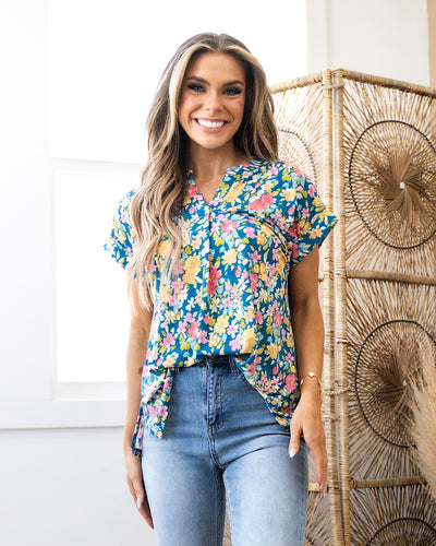 NEW! Lizzie Notched Neck Floral Top - Teal Multi  Dear Scarlett   