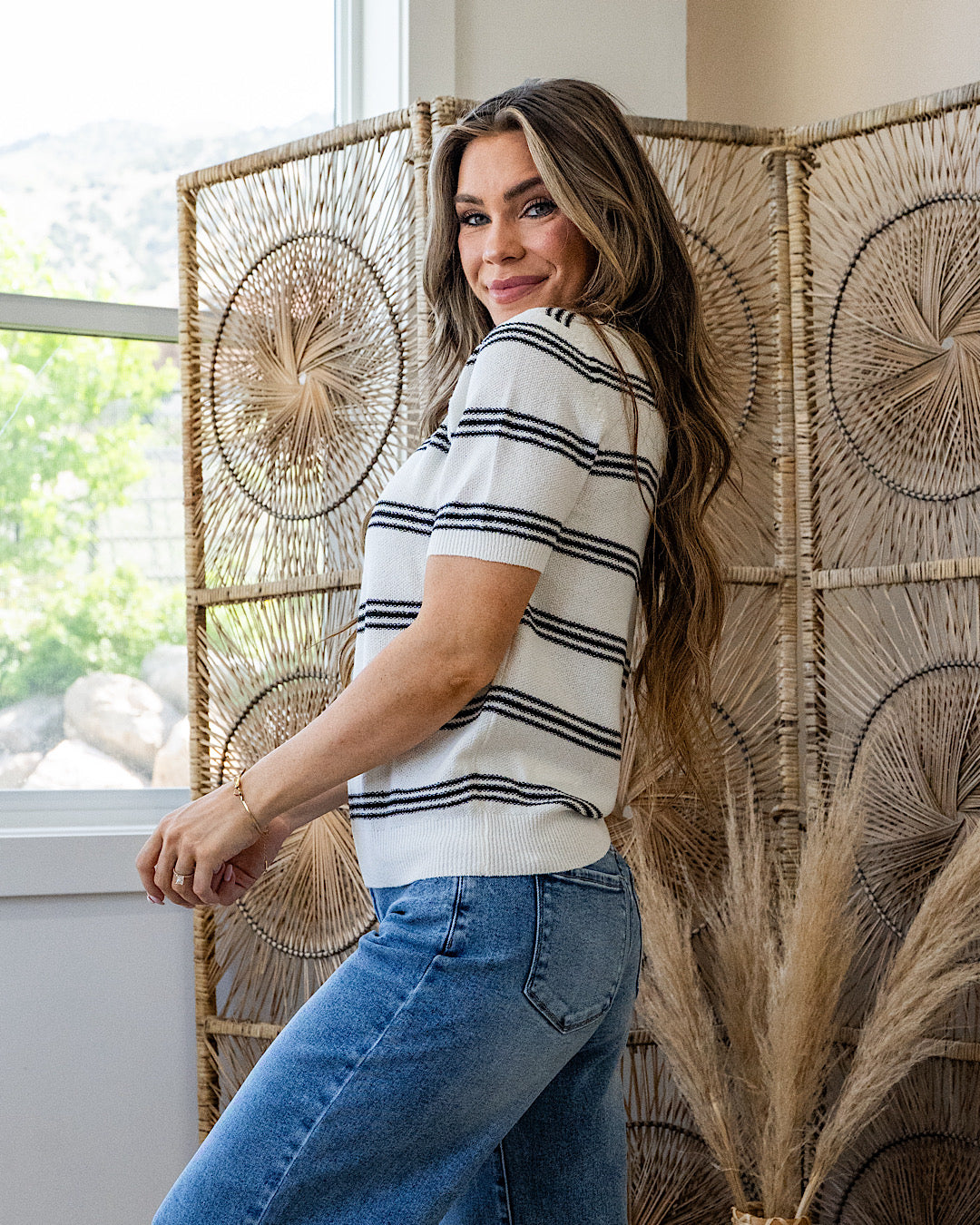 Chelsea Triple Stripe Short Sleeve Sweater - Black Be Cool