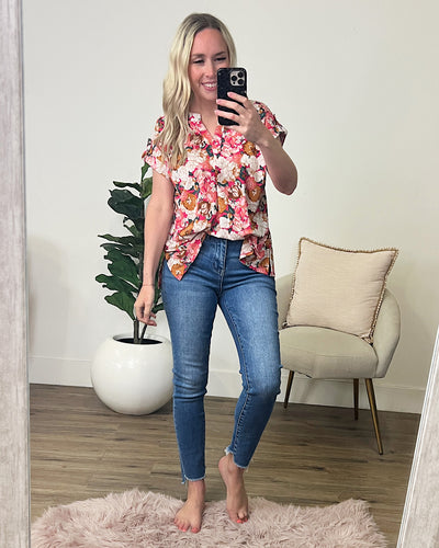 NEW! Lizzie Notched Neck Floral Top - Coral Multi  Dear Scarlett   