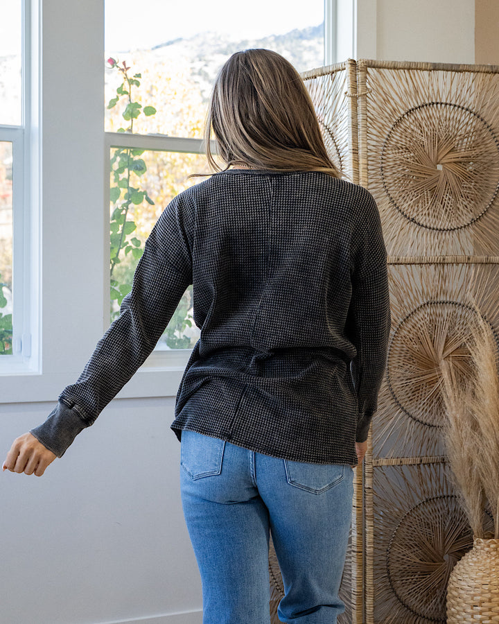 DOORBUSTER! Mineral Wash Waffle Knit Henley Top - Ash Black