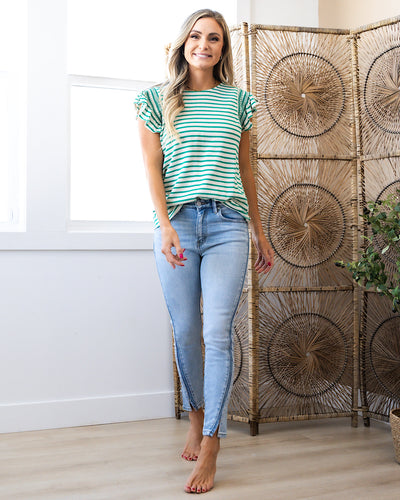NEW! Wanda Kelly Green Striped Flutter Sleeve Top  Staccato   