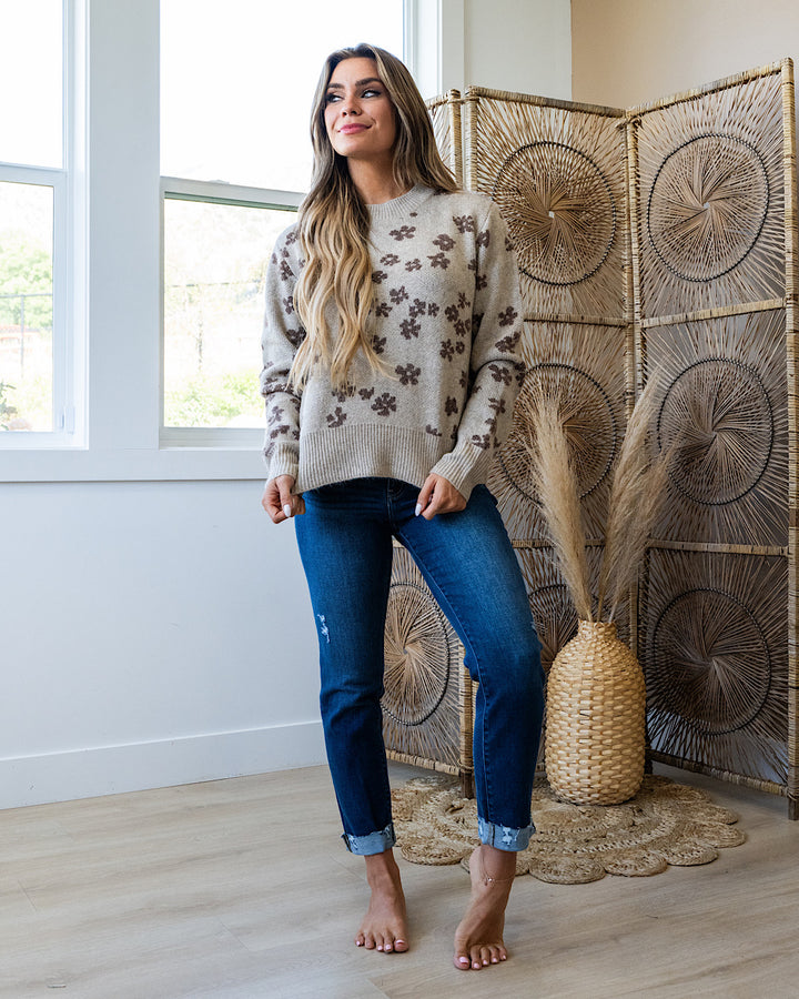 Tonya Cozy Flower Sweater - Mocha Be Cool