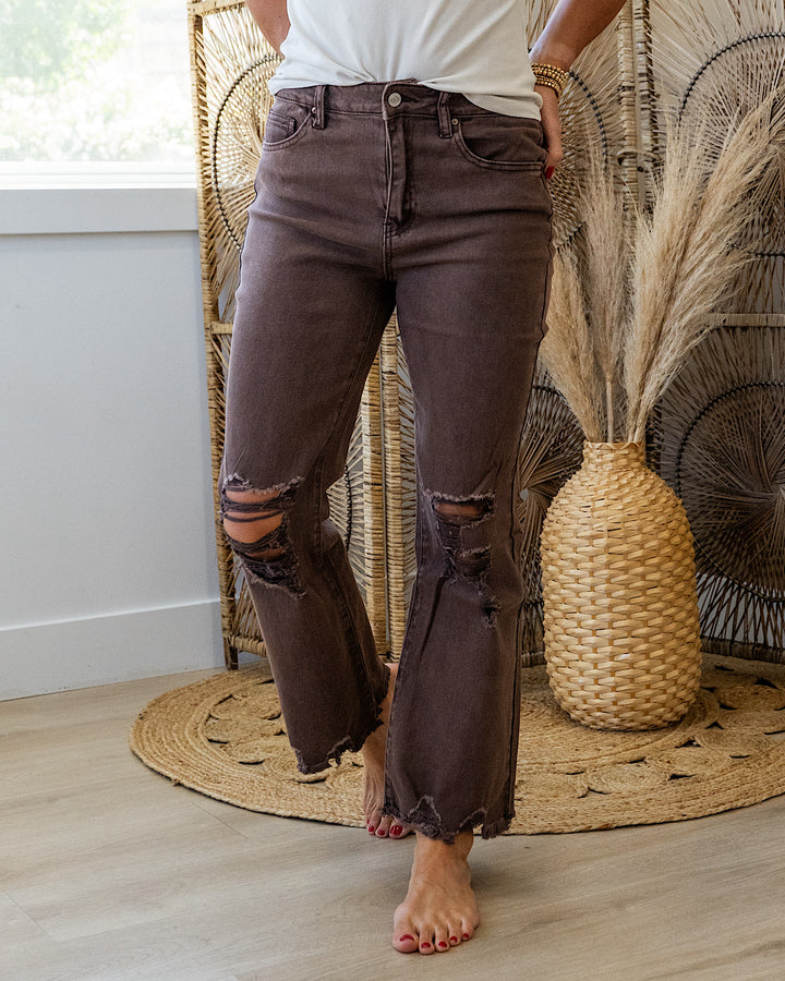 Gia Wide Leg Distressed Cropped Jeans - Color Options Available! Zenana Mahogany