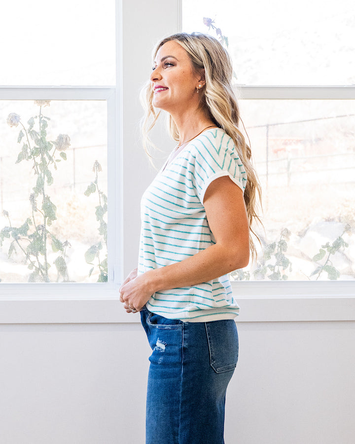 Candice Striped V Neck Sweater Top - Ivory & Green Staccato