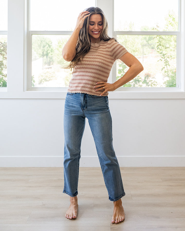 NEW! Wrenley Textured Striped Short Sleeve Sweater - Tan Be Cool