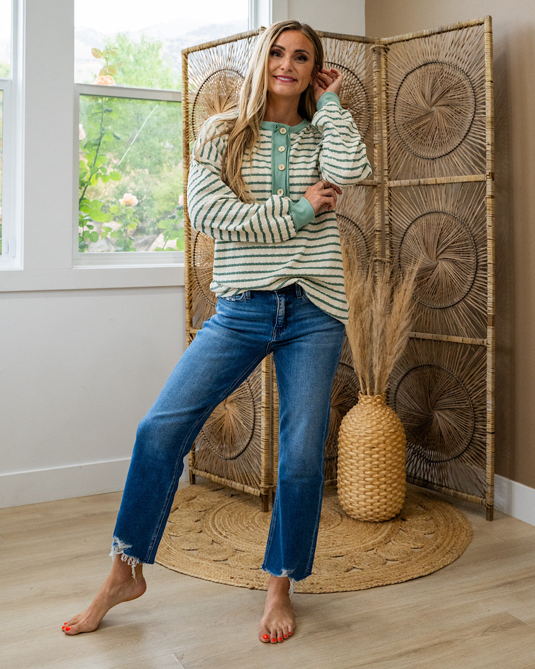 NEW! Katherine Textured Striped Henley Top - Sage Lovely Melody