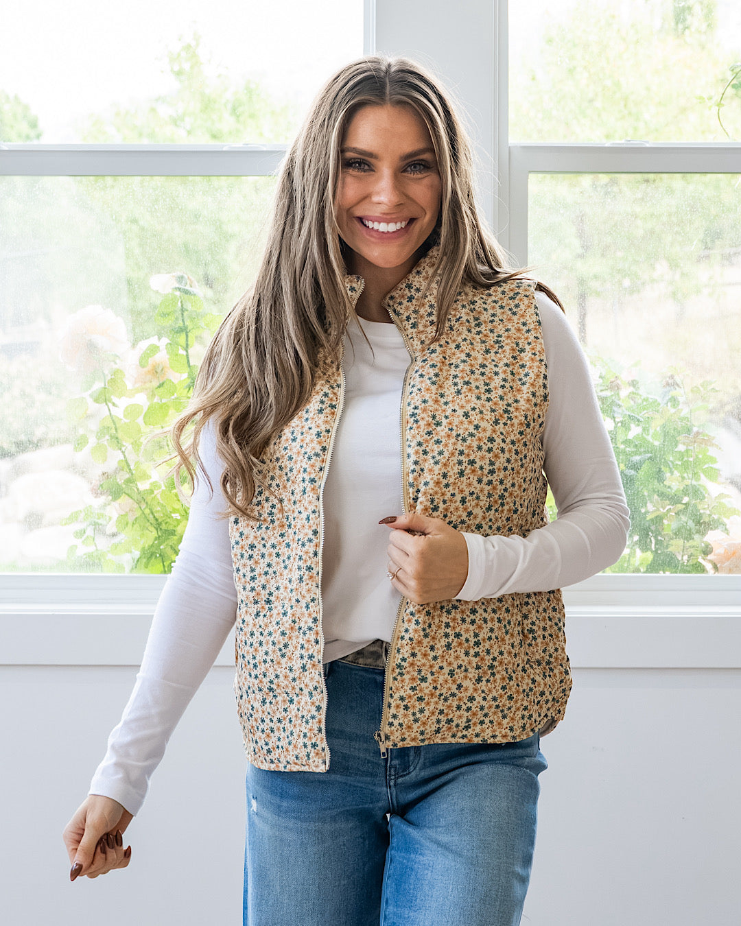 NEW! Juliana Floral Print Corduroy Vest - Cream & Gold