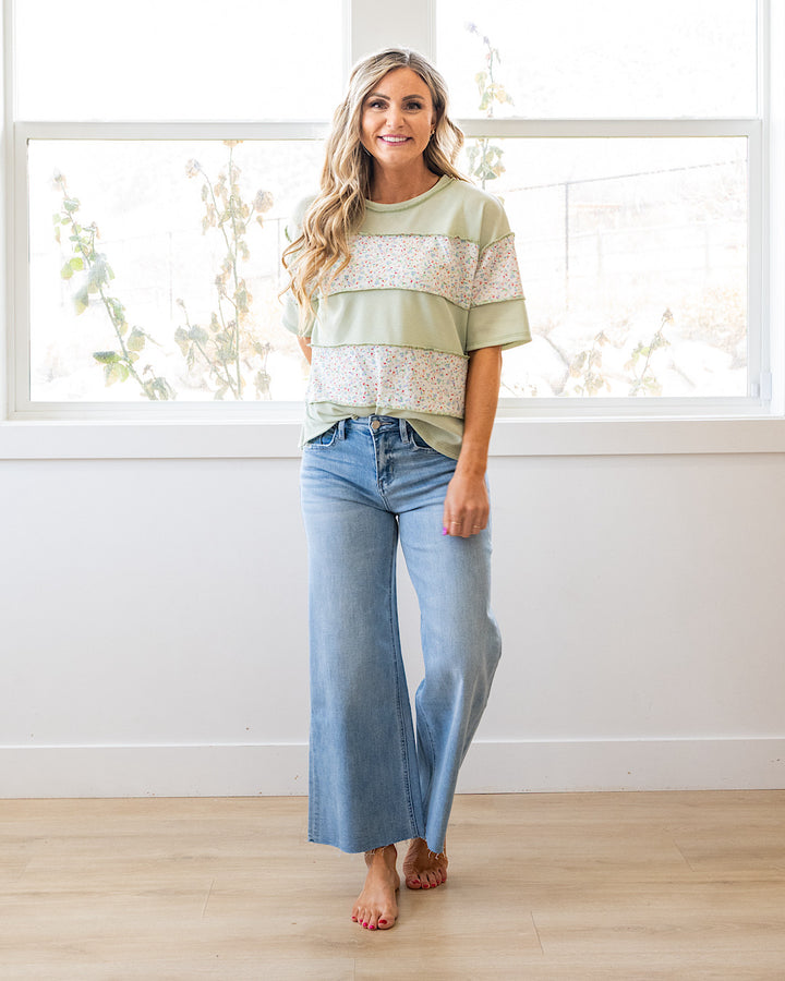 NEW! Camila Floral Color Block Top - Sage Lovely Melody