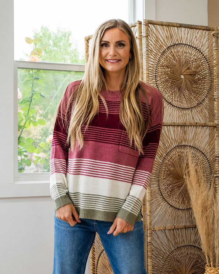 Janelle Multi Color Knit Sweater - Rose & Burgundy Staccato