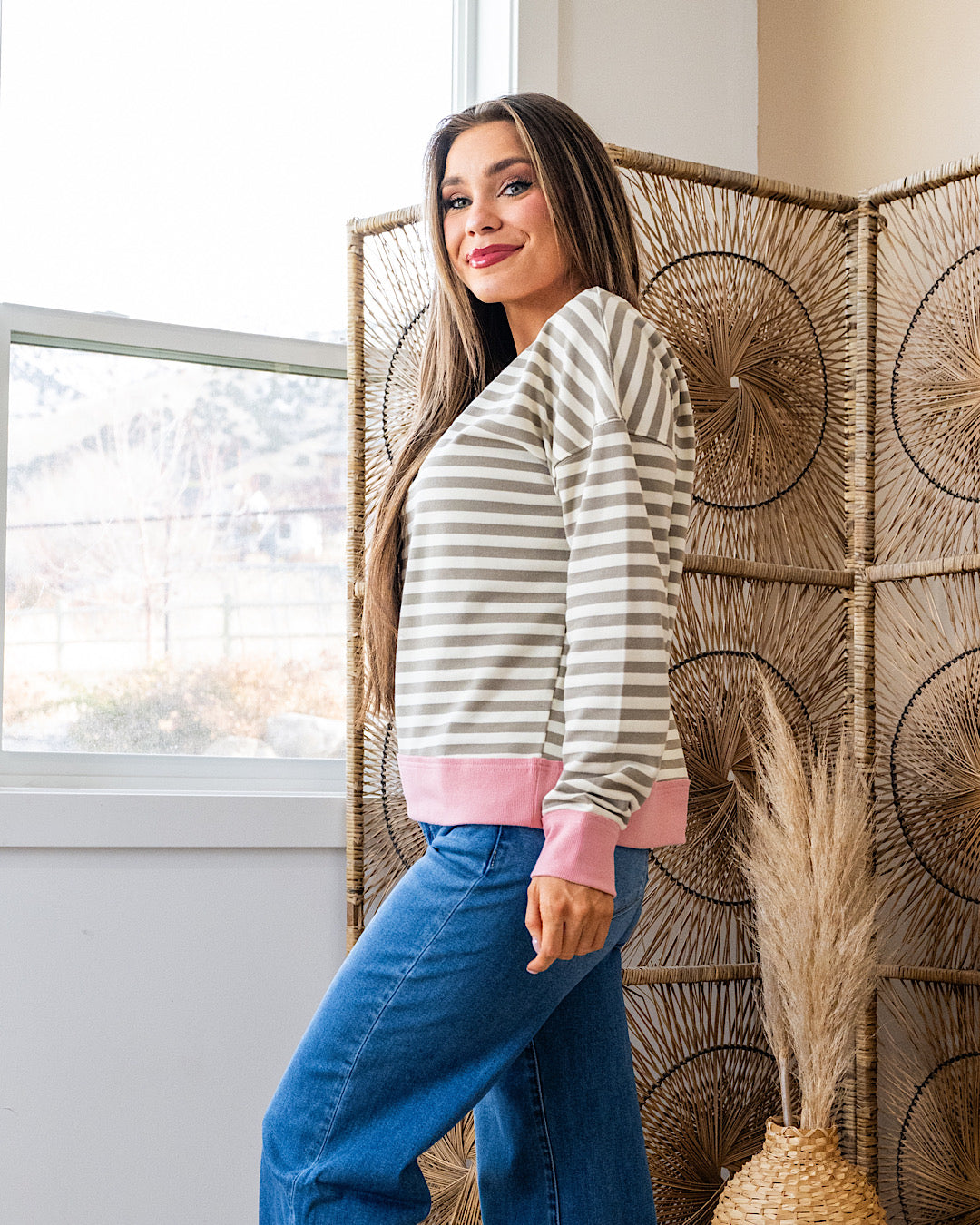 NEW! Kaylee Taupe Striped Top - Pink Staccato