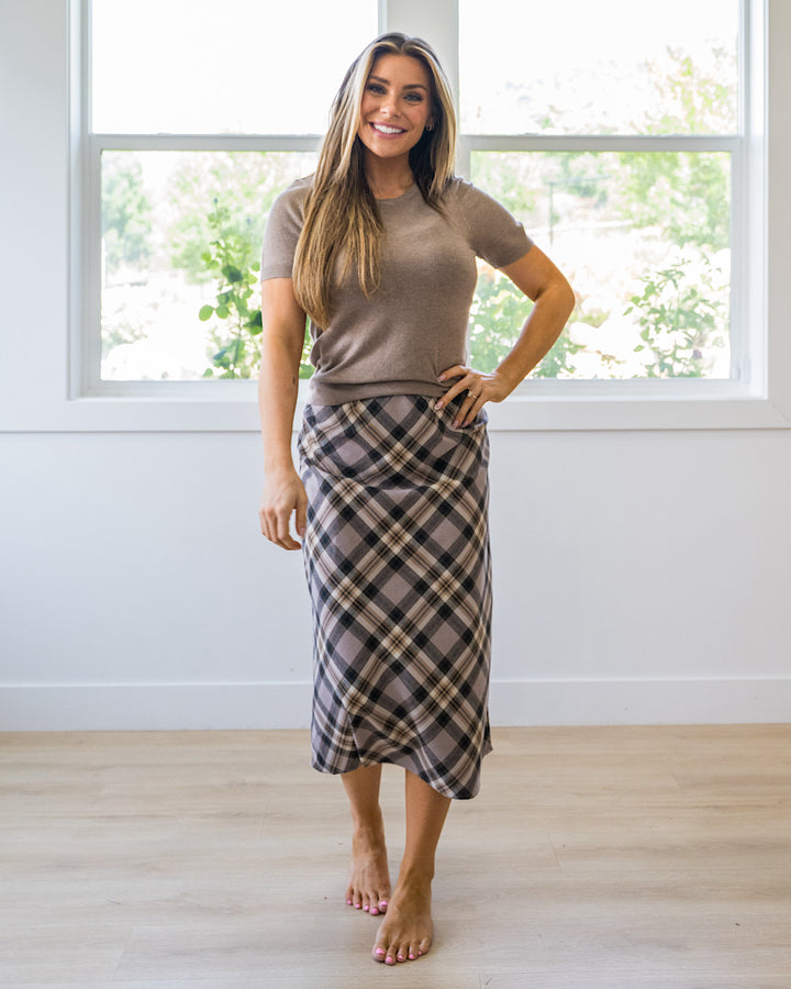NEW! Jade Plaid A-Line Skirt - Greige Be Cool