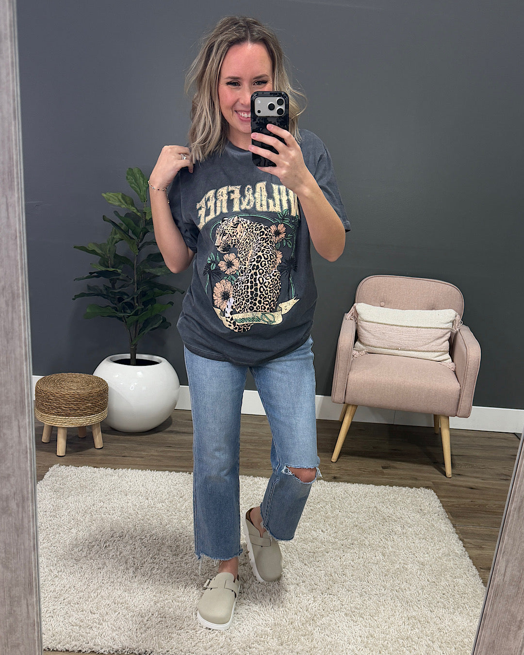 NEW! Wild & Free Leopard Floral Black Mineral Wash Tee