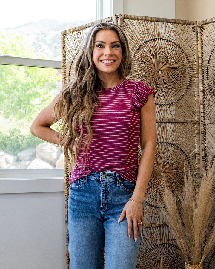 Holly Striped Ruffle Sleeve Top - Berry Staccato