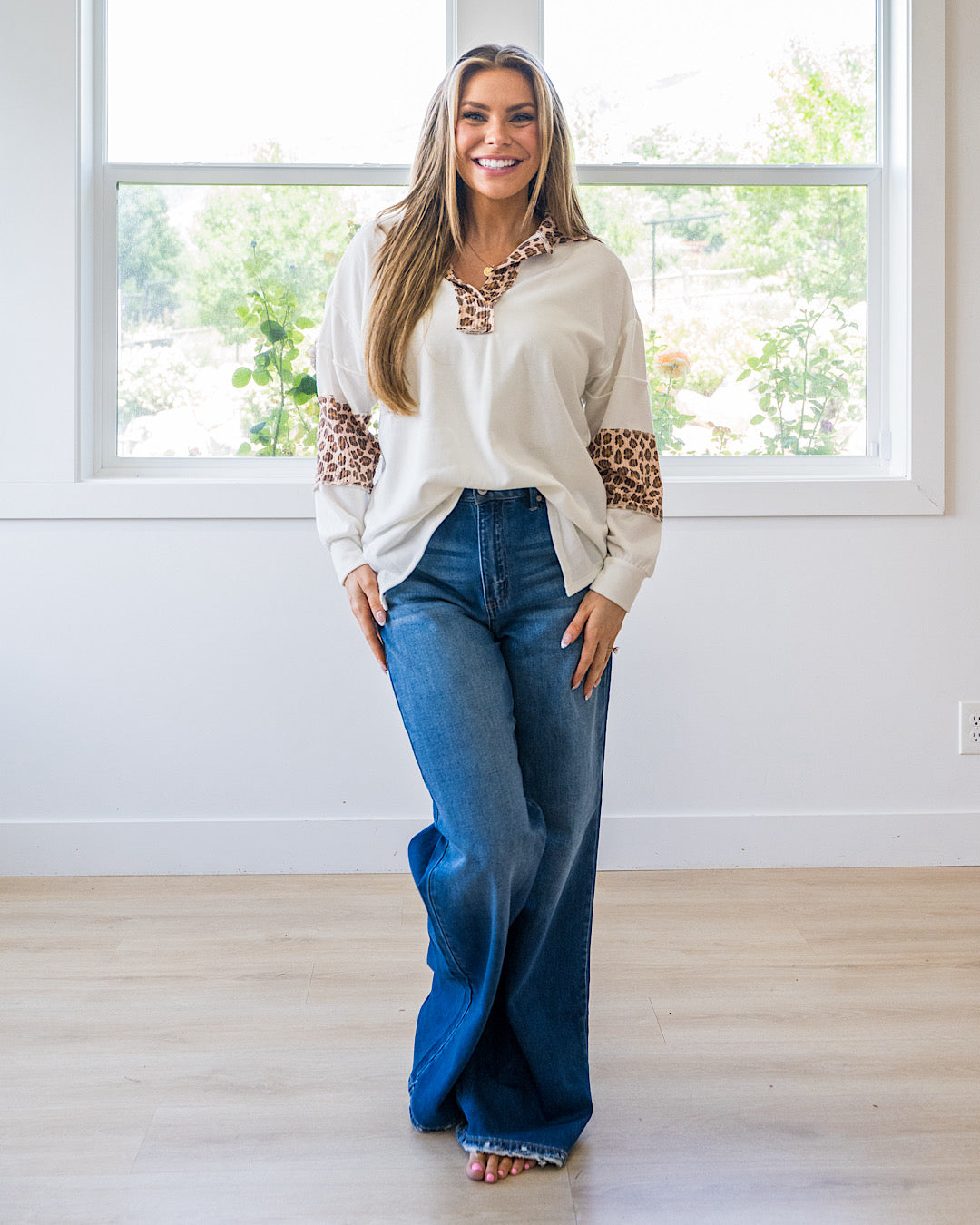 NEW! Jana Leopard Color Block Collared Top - Ivory