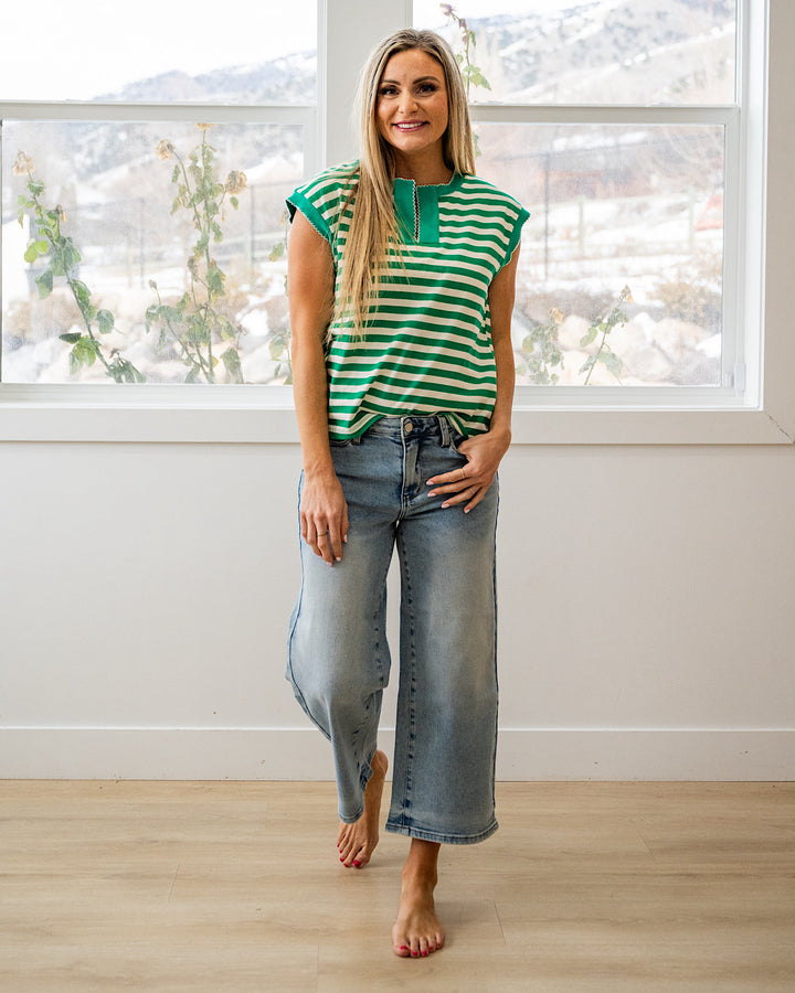 NEW! Carmine Striped Split Neck Top - Green