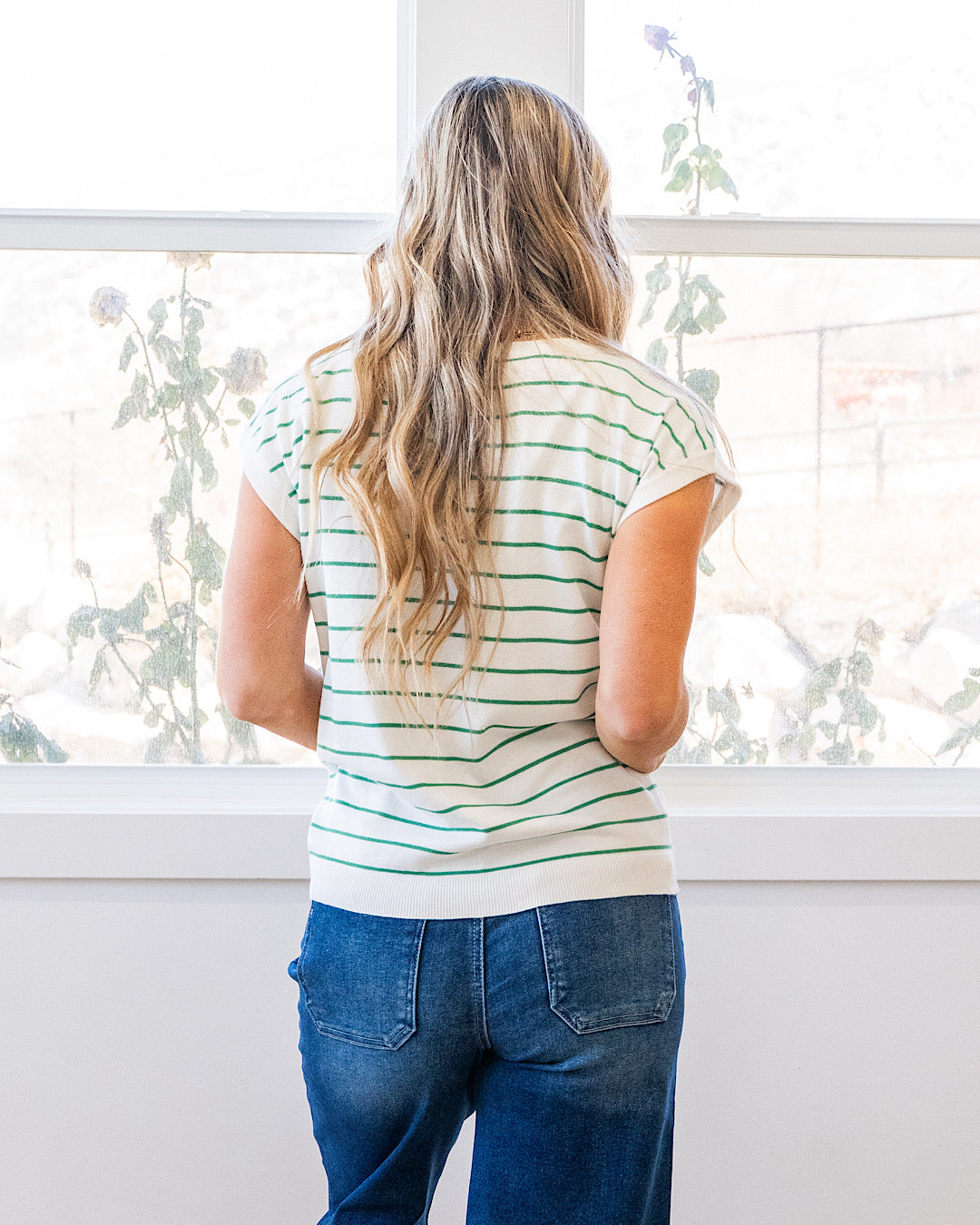 NEW! Allie Striped Short Sleeve Sweater - Ivory & Green Staccato