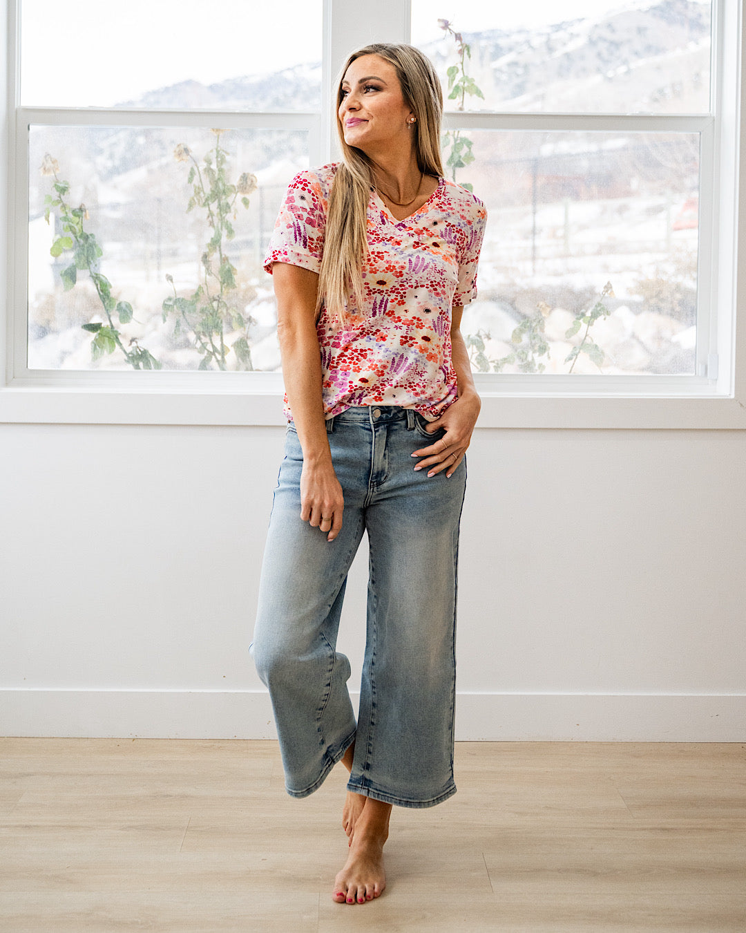 NEW! Sophie V Neck Top - Coral Sunset Floral Michelle Mae