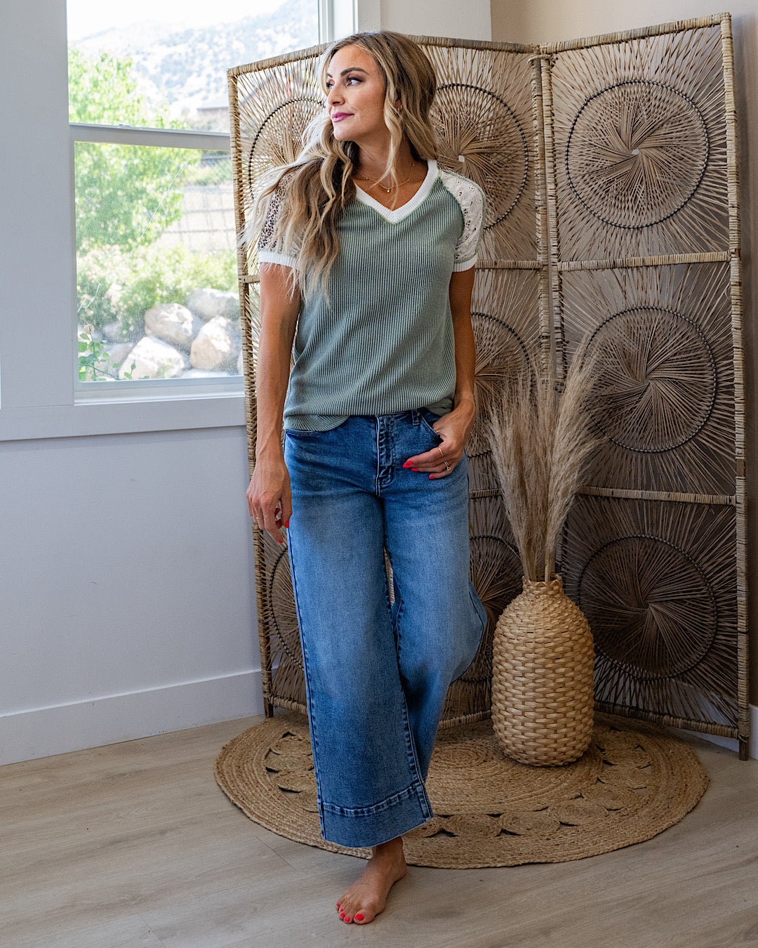 NEW! Angelica Mixed Fabric Corded Top - Light Olive 7th Ray