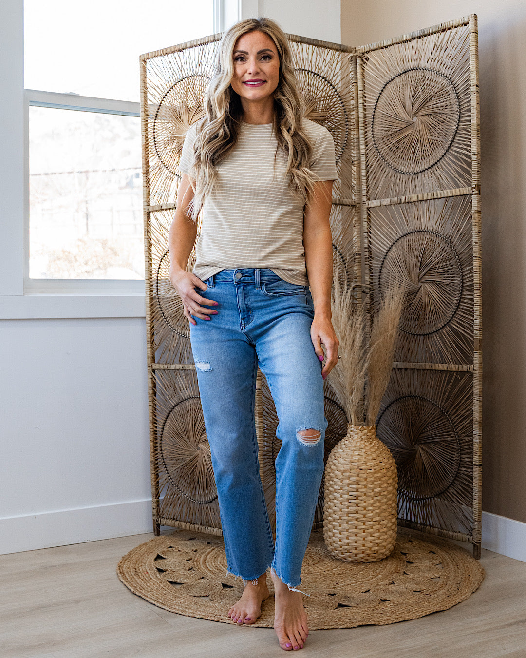 Shauna Striped Short Sleeve Top - Taupe & Cream Thread & Supply