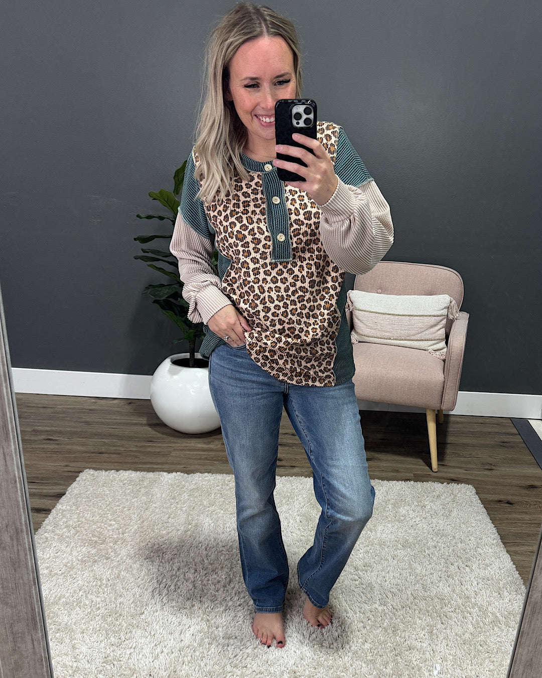 Angelique Mixed Corded Fabric Henley Top - Moss & Taupe Lovely Melody