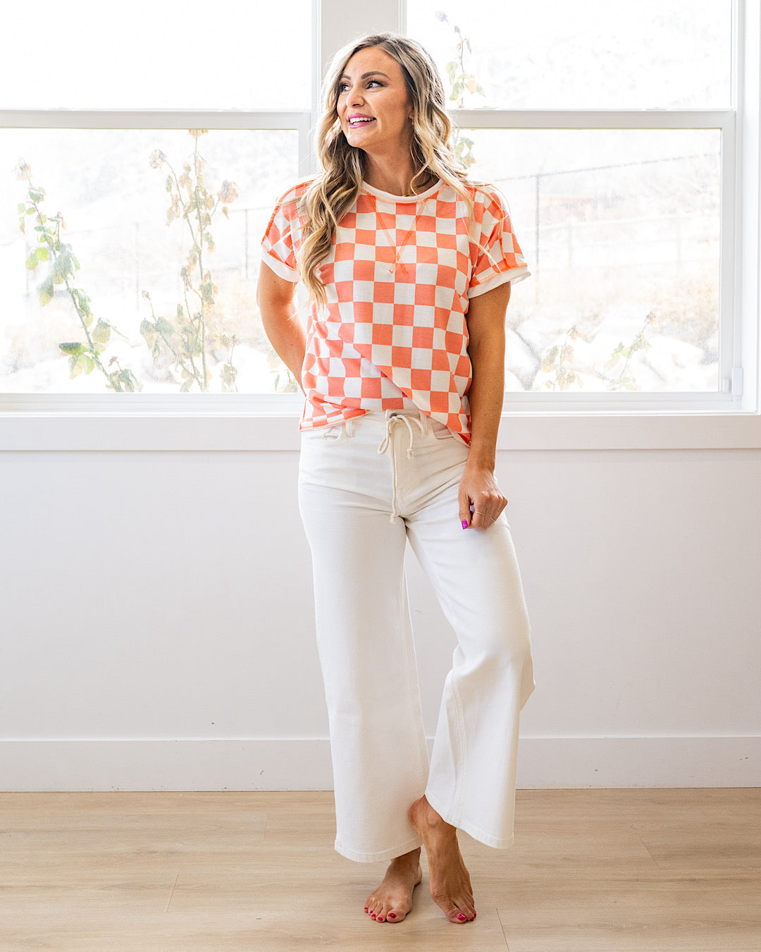 NEW! Kaya Checkered Top - Light Orange Lovely Melody
